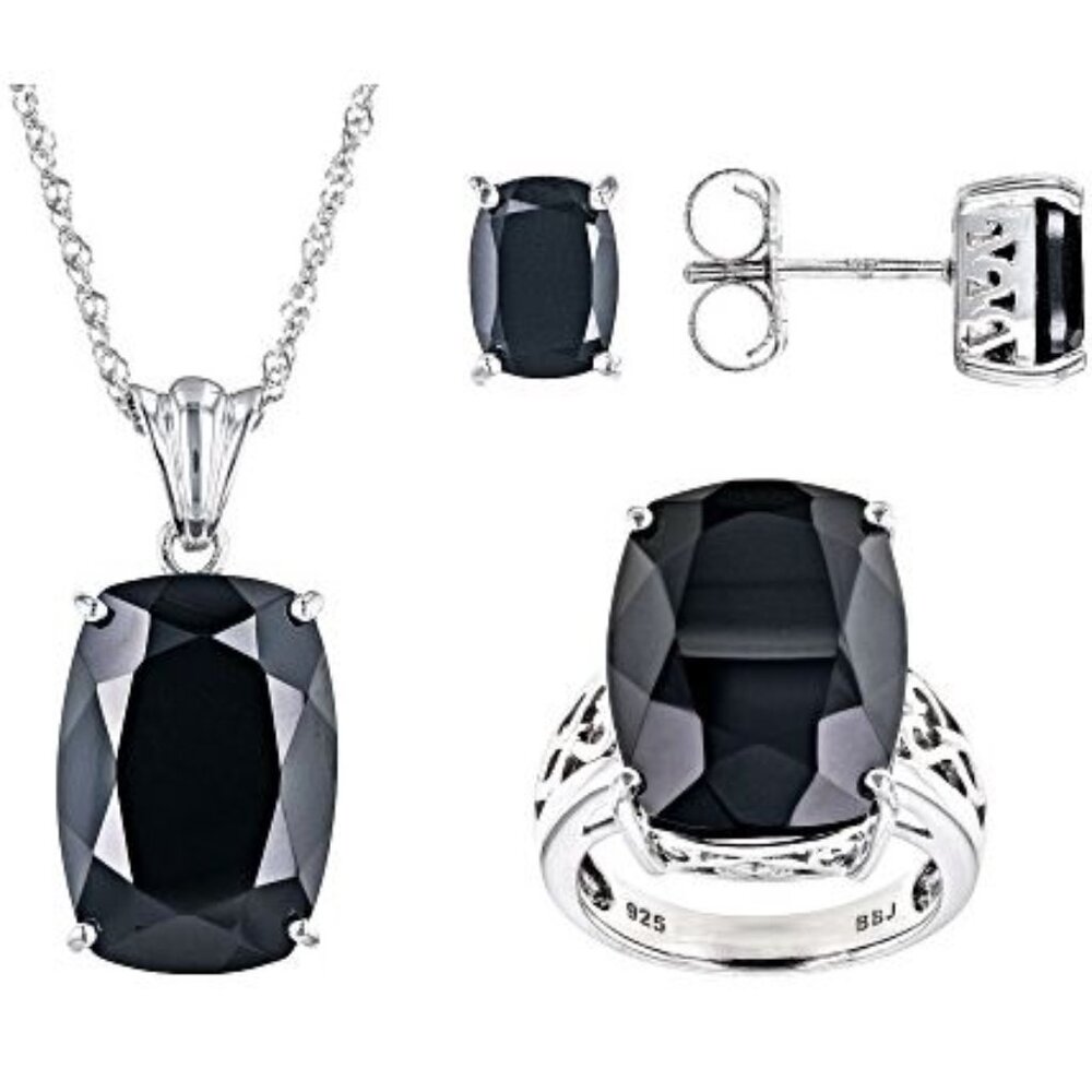 NWT JTV Black Spinel Rhodium On Sterling Silver Necklace Earrings Ring set sz 5